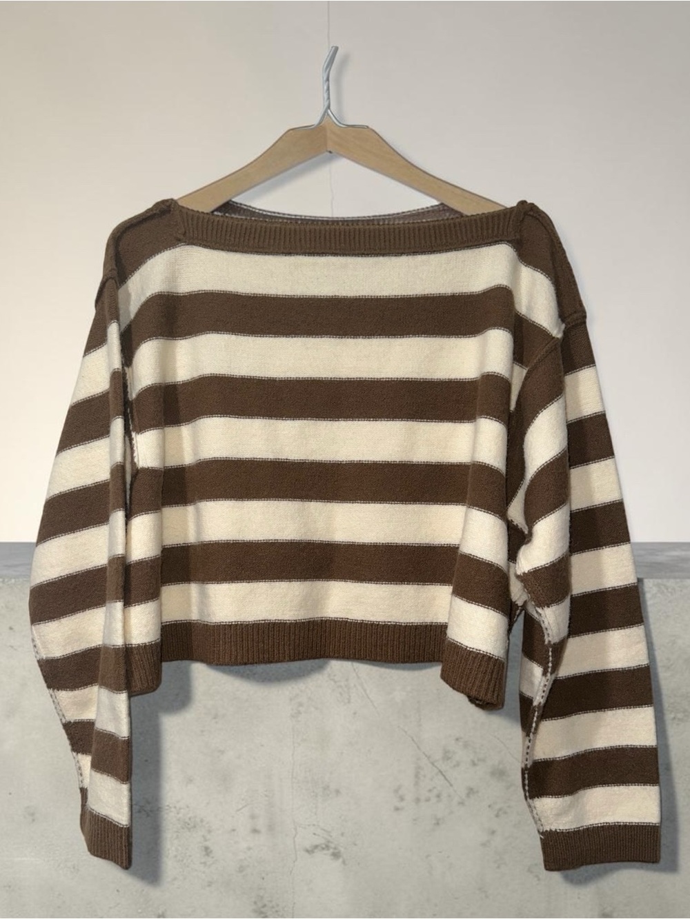 J.O.A. Striped Cropped Oversized Sweater in Brown & White Size Small Like New